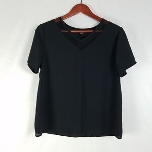 Shein Shirt Womens Medium Top Black‎ Sheer Short Sleeve V Neck 100% Polyester